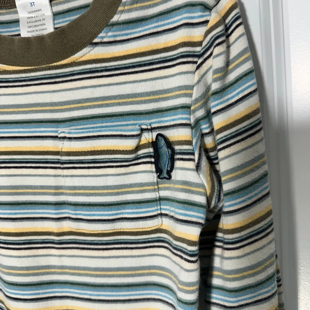 Gymboree Bodysuit Kids 3T Green Blue Striped Long Sleeve Fish Pocket One Piece